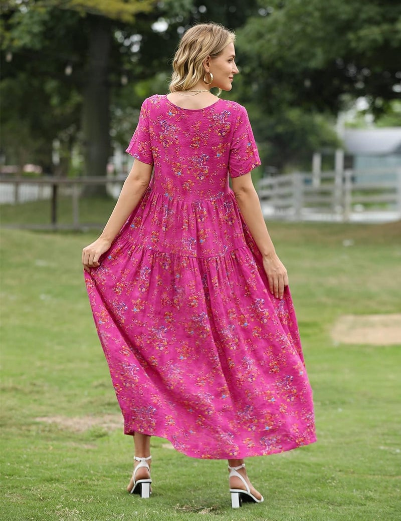 YESNO Women Casual Loose Bohemian Floral Dress with Pockets Short Sleeve Long Maxi Summer Beach Swing Dress XL EJF CR26 Pink - Image 4